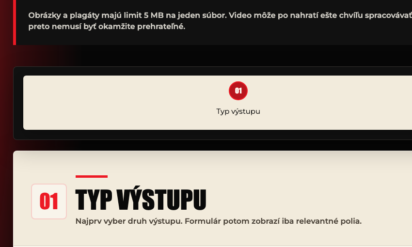 Prvý krok formulára Odovzdanie filmu s voľbou typu výstupu